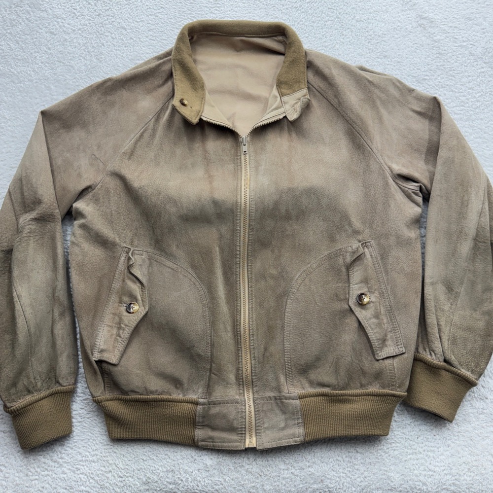 Bullock & Jones Vintage Tan Suede Leather Bomber Jacket Mens Size 46 Western Zip